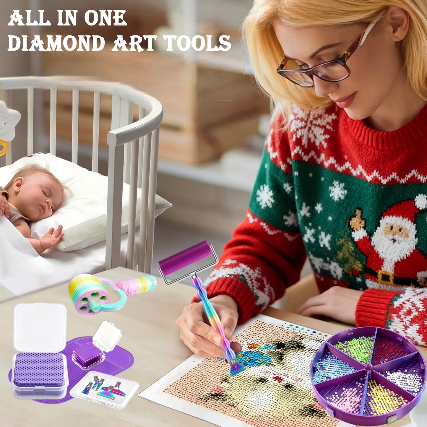 jecxucci Diamond Painting Art Drill Bead Dot Pen Kit with 6pcs Stainless Steel Tips, 6 Glue Clays, Diamond Art Roller and 50Pcs Cleaner Paper, 5D Diamond Painting Trays Sticky Pad (Colorful)