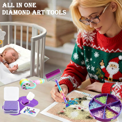 jecxucci Diamond Painting Art Drill Bead Dot Pen Kit with 6pcs Stainless Steel Tips, 6 Glue Clays, Diamond Art Roller and 50Pcs Cleaner Paper, 5D Diamond Painting Trays Sticky Pad (Colorful)
