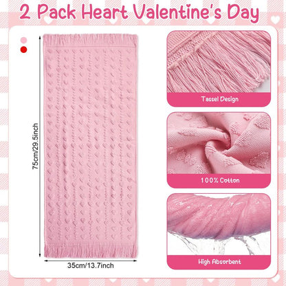 Peryiter 2 Pcs Valentine's Day 3D Heart Hand Towels with Tassel Valentines Decor 100% Cotton Red Pink Bathroom Towel Decorative Absorbent Bath Towel for Kitchen Drying Cleaning, 13.78 x 33.46 Inch