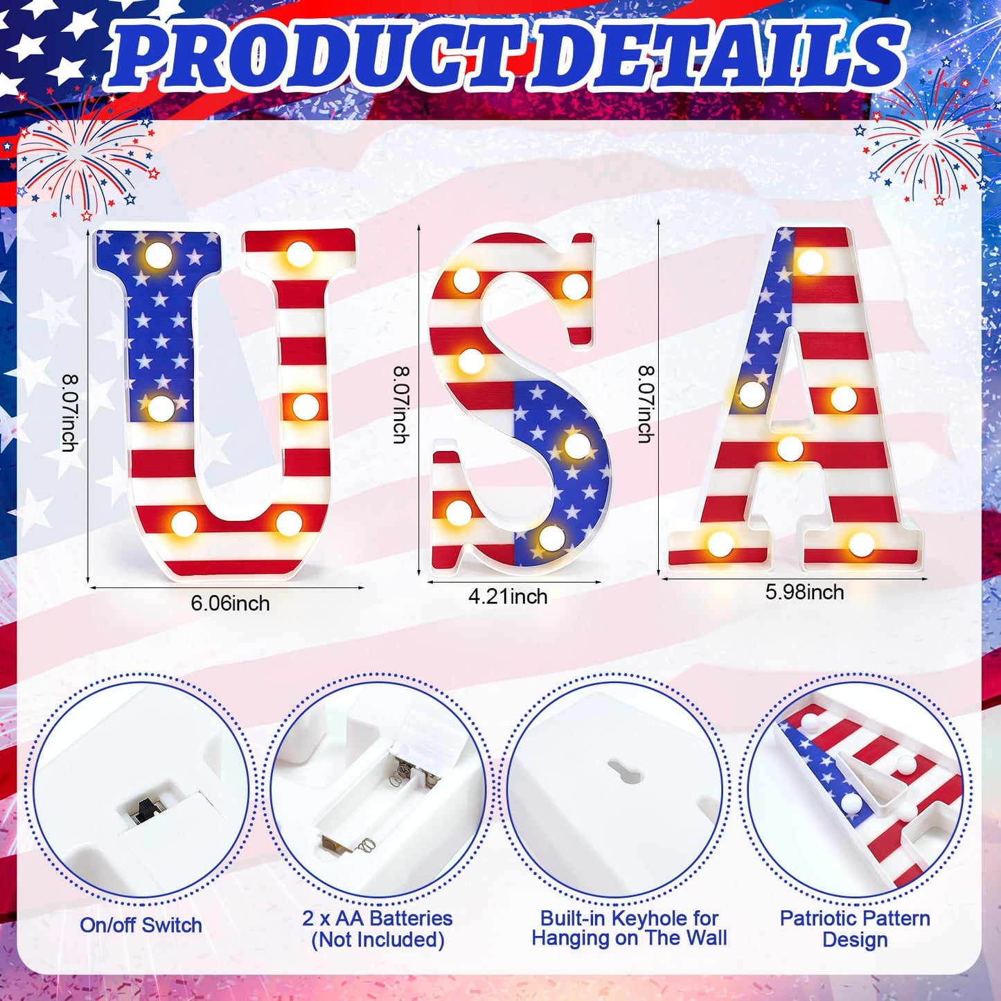 InnovaTools 3 Pcs Light Up Letters, 4th of July Patriotic USA LED Marquee Letter Lights, American Flag Red White Blue Decor for 250th Anniversary Independence Day Table Centerpiece Home Decorations