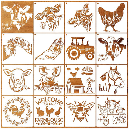 15 Piece Farmhouse Stencils - Reusable Farm Animal Stencils Template for Painting on Wood, Furniture, Fabric, Wall & DIY Crafts (Chicken, Cow, Pig, Horse)