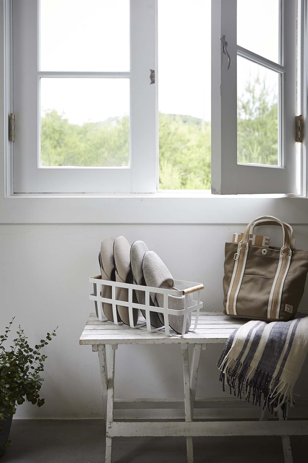 Storage Basket - Home Organizer Bin Holder with Wooden Handle - Steel + Wood - Small White