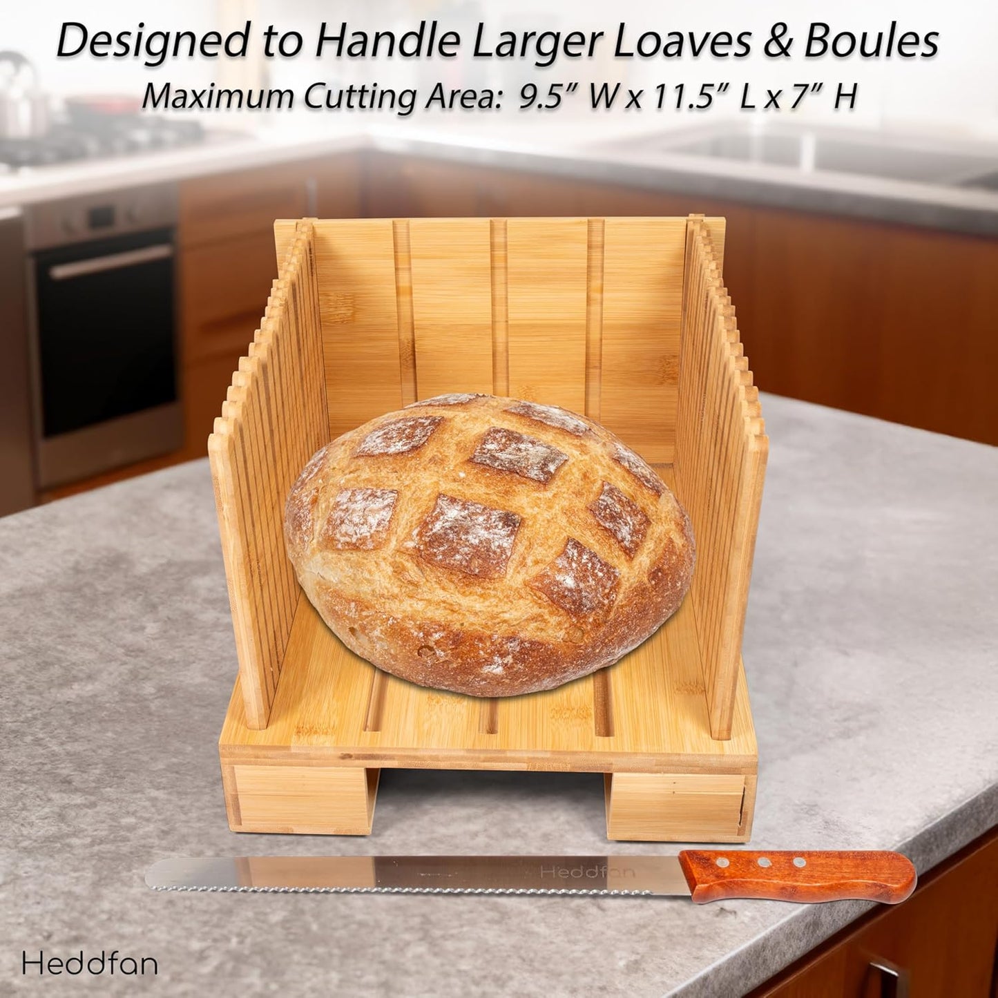 HEDDFAN 12 Bamboo Bread Slicer For Homemade Bread - Built-In Knife Slot, Crumb Catcher & Storage Compartment