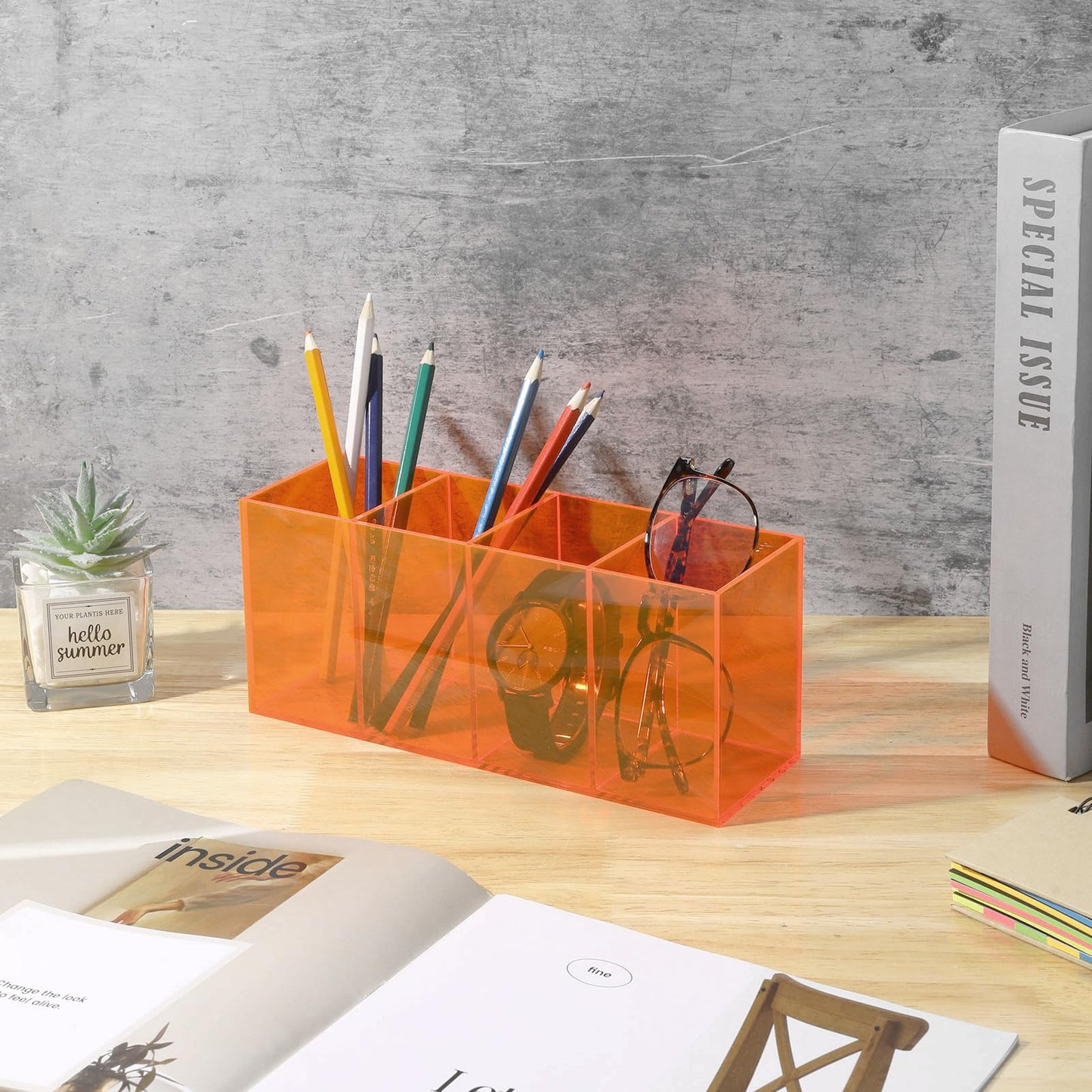HappyDino Pen Holder for Desk Neon Acrylic Pencil Holder Cup Makeup Brush Storage Organizer for Vanity, Neon Orange