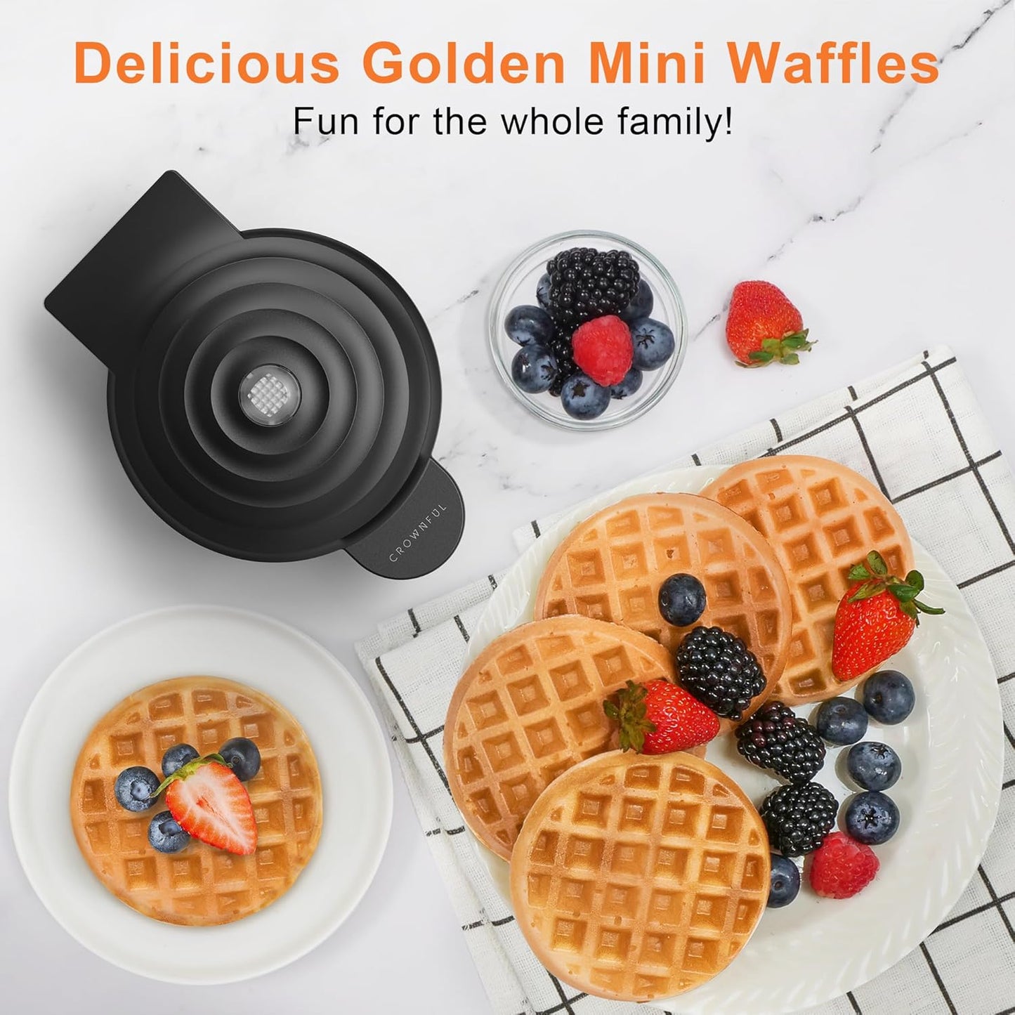 CROWNFUL Mini Waffle Maker, 4" Chaffle Maker with Non-Stick Surface, Easy to Clean, Recipe Guide Included