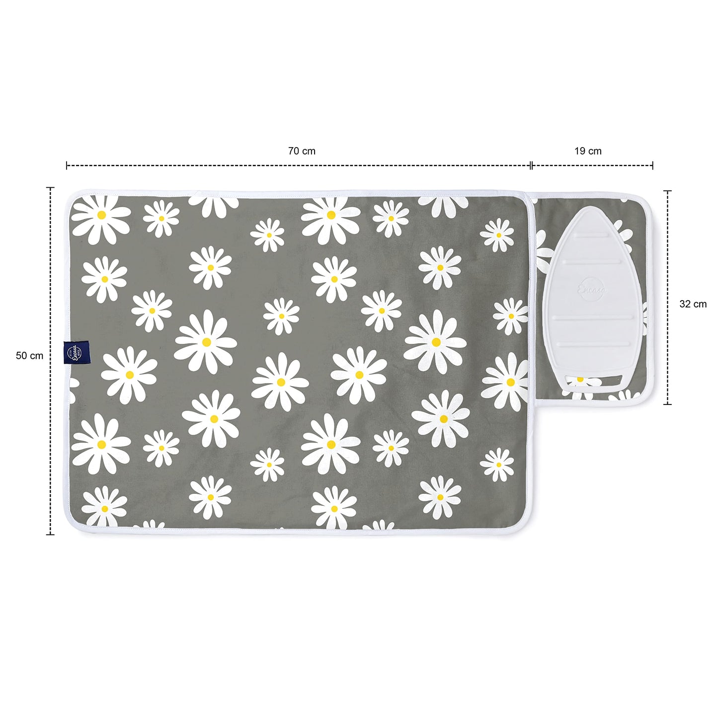 Encasa Homes Ironing Mat/Pad (Small 28"x20") with 3mm Padding & Silicone Iron Rest for Steam Pressing on Tabletop or Bed - Heat Resistant, Portable, Quilting & Travel Blanket - Daisy Grey
