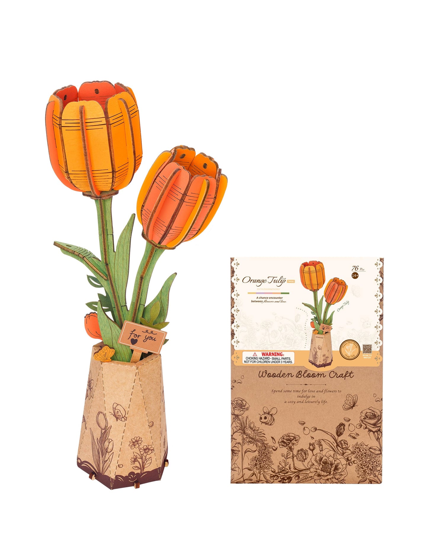 ROBOTIME 3D Puzzle Orange Tulip TW081, DIY Wooden Flower Craft, Artificial Flowers Model Kit to Assemble for Adults, Home Decoration and Valentine's Day Gift Set