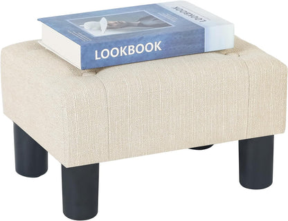 15.4" Adeco Linen Upholstered Ottoman Footrest, Small Padded Foot Stool & Accent Seat with Wood-Look Legs, Modern