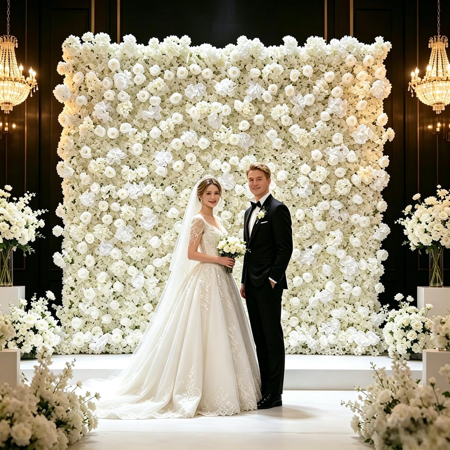5D Artificial White Realistic Rose wall Backdrop, 8×8ft,Artificial Flower wall Panel. Easy to Install and Store, Reusable. Perfect for Weddings, Birthday Parties, and Home Decoration. with Stand