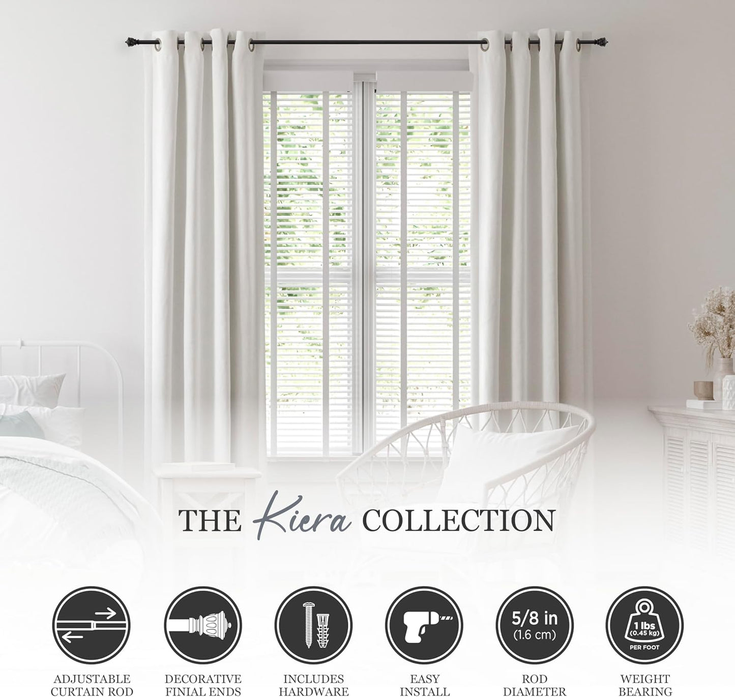 Kenney Kiera Crown Adjustable Curtain Rod, 28 to 48 Inches, Extendable Set, Matte Black