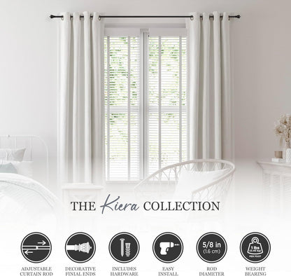 Kenney Kiera Crown Adjustable Curtain Rod, 28 to 48 Inches, Extendable Set, Matte Black