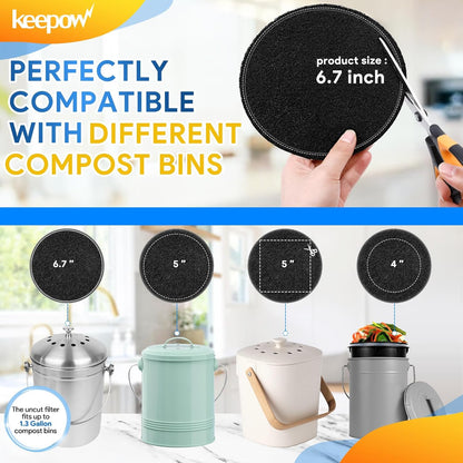 KEEPOW 10 Pack 6.75" Compost Bin Filter Replacement, Charcoal Filters for Kitchen Compost Bin