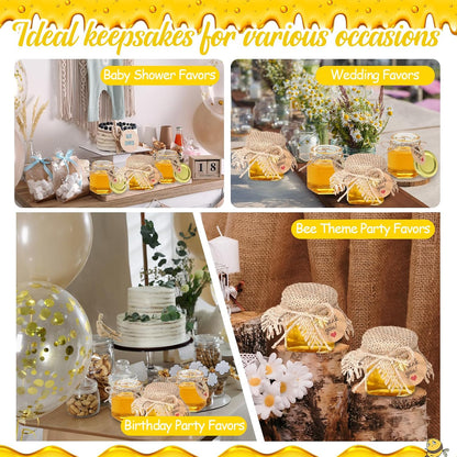 Funnymoom 30 Set 1.5 oz Mini Honey Jars Party Favors in Bulk Hexagon Glass Honey Jar with Dipper Bee Charms Thank You