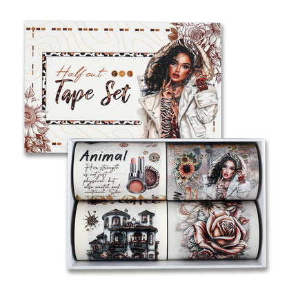 Dizdkizd Washi Tape Set, 4 Pre-Cut Animal Print PET & Washi Tapes Stickers with Diverse Sexy Women, Flowers, Adult Journaling Supplies for Collage Scrapbooks Craft Project
