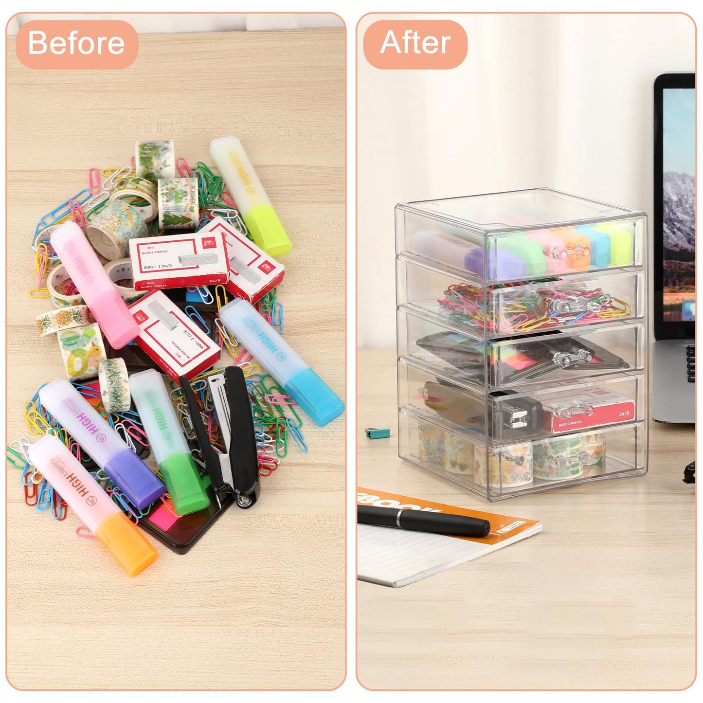 BTSKY Clear Acrylic Storage Organizer with Drawers, 5-Layer Desktop Organizer for Office Essentials, Multi-Purpose Stackable Container for Bathroom Vanity, Desk Makeup Jewelry Container Storage Box