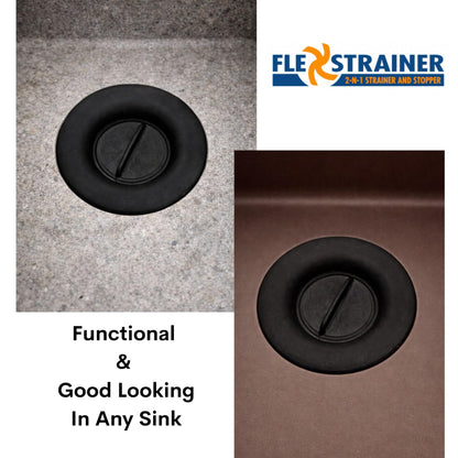 Flex Strainer® Sink Drain Strainer with Optional Stopper – No Center Stem, Fits Standard 3½” Sink Drains & Disposals – Easy Clean, Dishwasher Safe – Made in USA – Black, 2-Pack