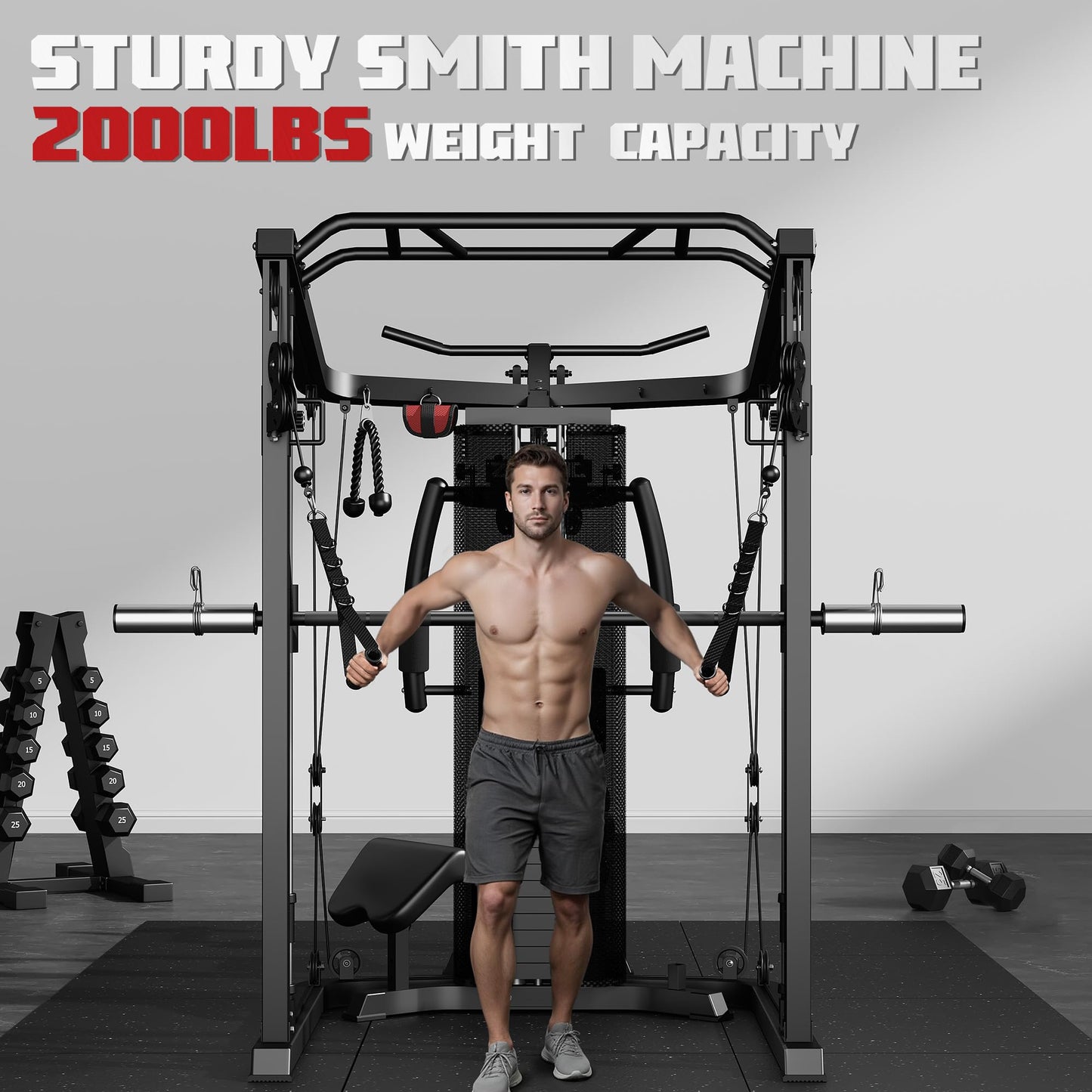 JELENS Home Gym System, 150LB Weight Stack Smith Machine with LAT Pull-Down & Leg Press, All-in-One Strength Training Equipment, Workout Station for Workout (Black, Classical Package)