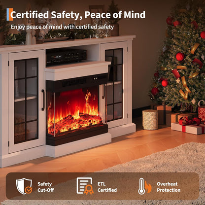 GAOMON 75" TV Stand & 40" 3 Sided Glass Electric Fireplace, 12 Colors LED Lights Flame, 750W/1500W for Max 85" TVs, 2 Tier Storage 2 Door Glass Cabinet