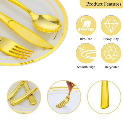 ISFANGCO 700 PCS Gold Plastic Dinnerware for 100 Guests, Gold and White Disposable Plates include 100 Dinner Plates,100 Dessert Plates,100 Silverware Set,100 Cups,100 Napkins