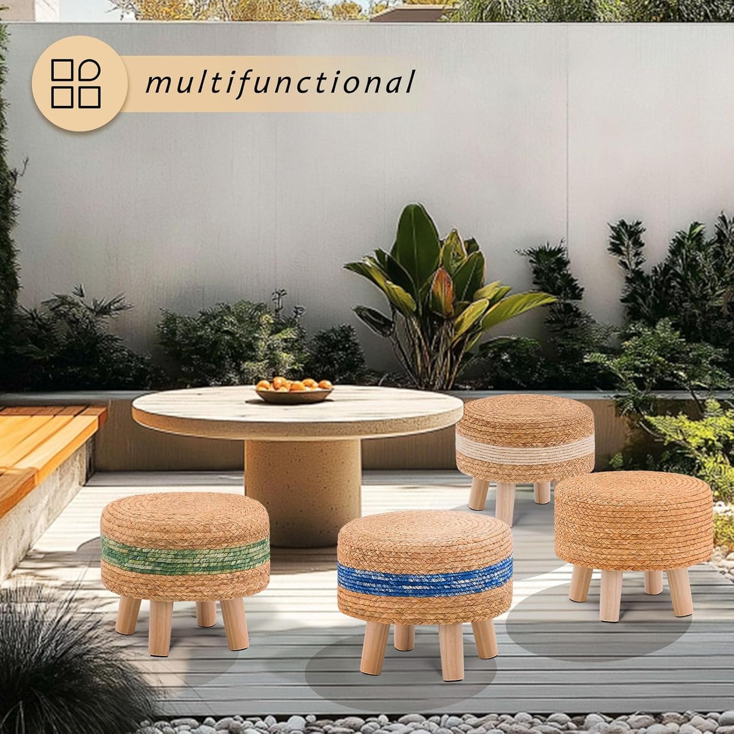 Handwoven Round Ottoman, Natural Water Hyacinth Outdoor Patio Pouf Seagrass Low Stool with Wood Legs, Soft Padded