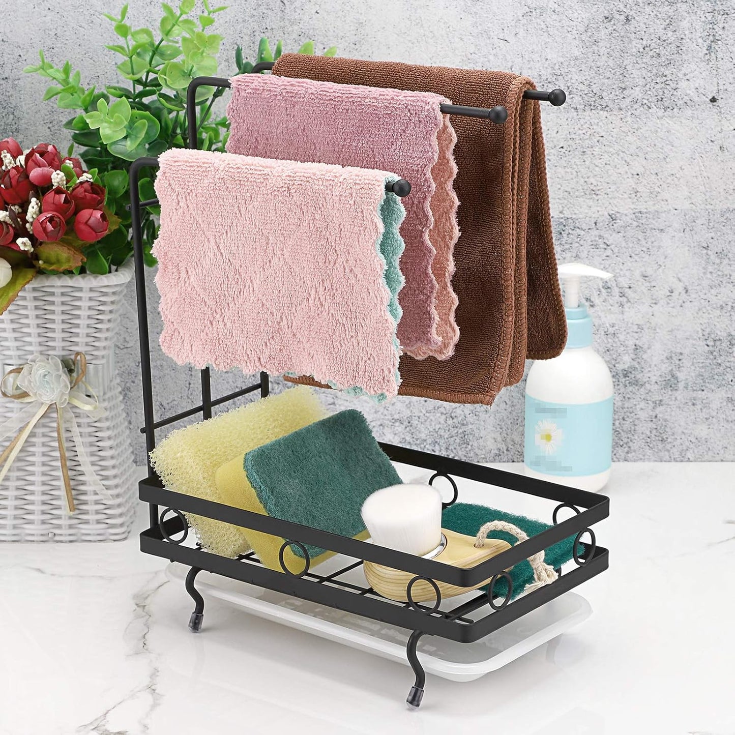 JUXYES Kitchen Sink Caddy Sponge Holder with Dishcloth Drying Rack, Storage Organizer for Kitchen Countertop, Black