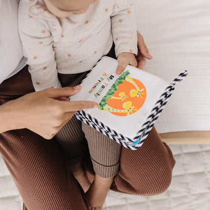 My First Photo Album for Baby with Adorable Giraffe Family, Fabric Cover, Holds 17 Photos, Wipeable Pages, Baby Safe Mirror - Soft Photo Album for Baby by Genius Baby Toys