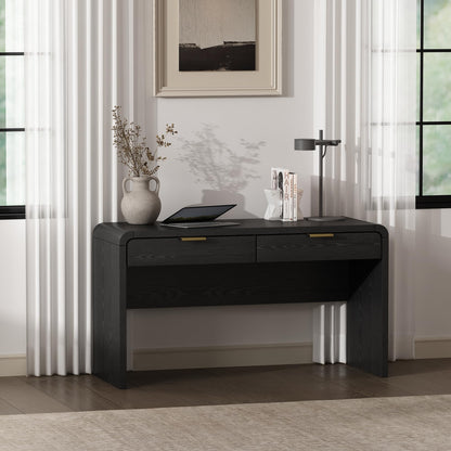 Manhattan Comfort Grace 54" Modern Office Desk with 2 Drawers, Wood Table with Metal Recessed Handles for Work from Home, Study, Craft, Stylish Executive Desk, Black and Gold