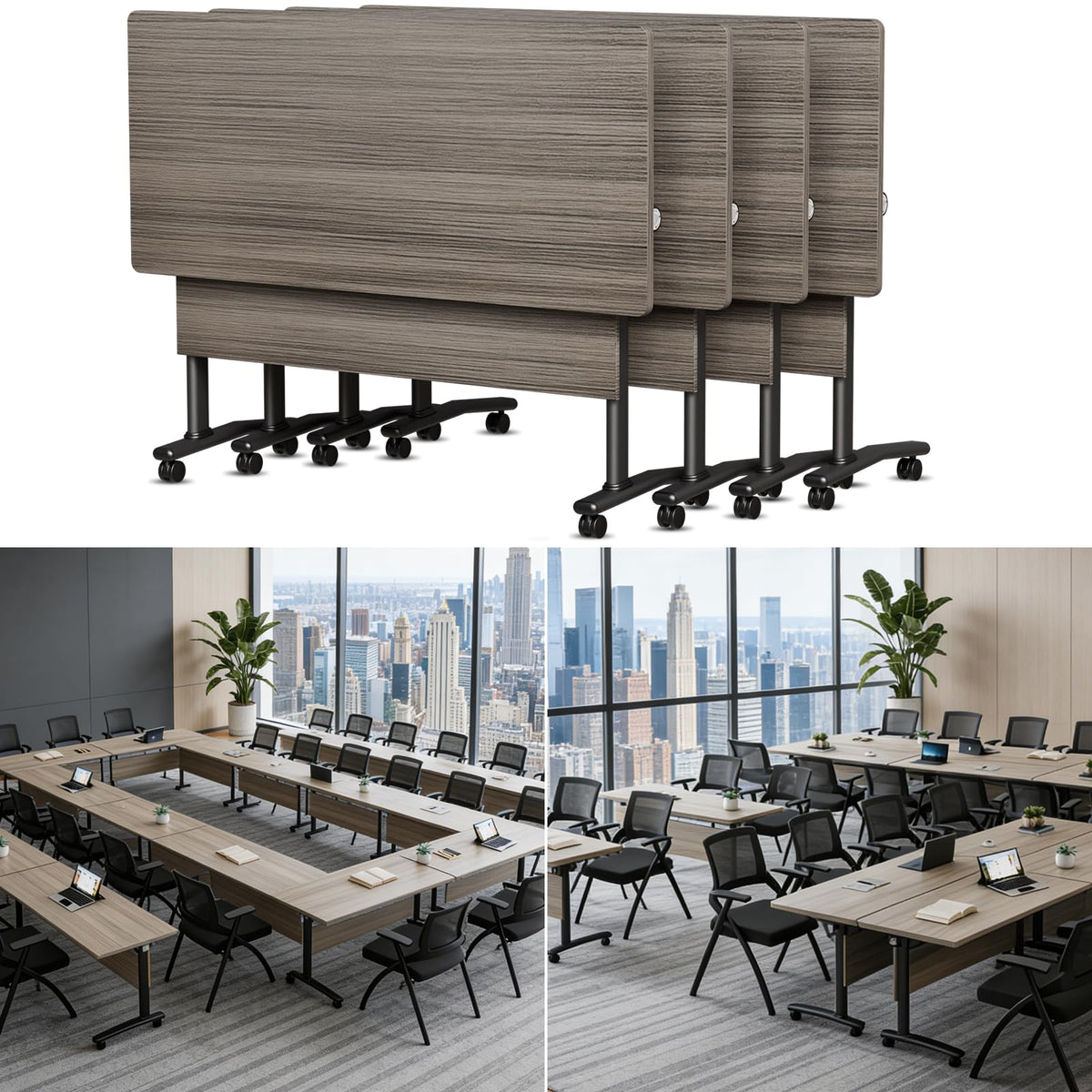 Folding Conference Room Table with Wheels, 6ft Modular Large Mobile Modern Conference Tables Office Meeting Training Table for Classroom(4, Gray, D 55")