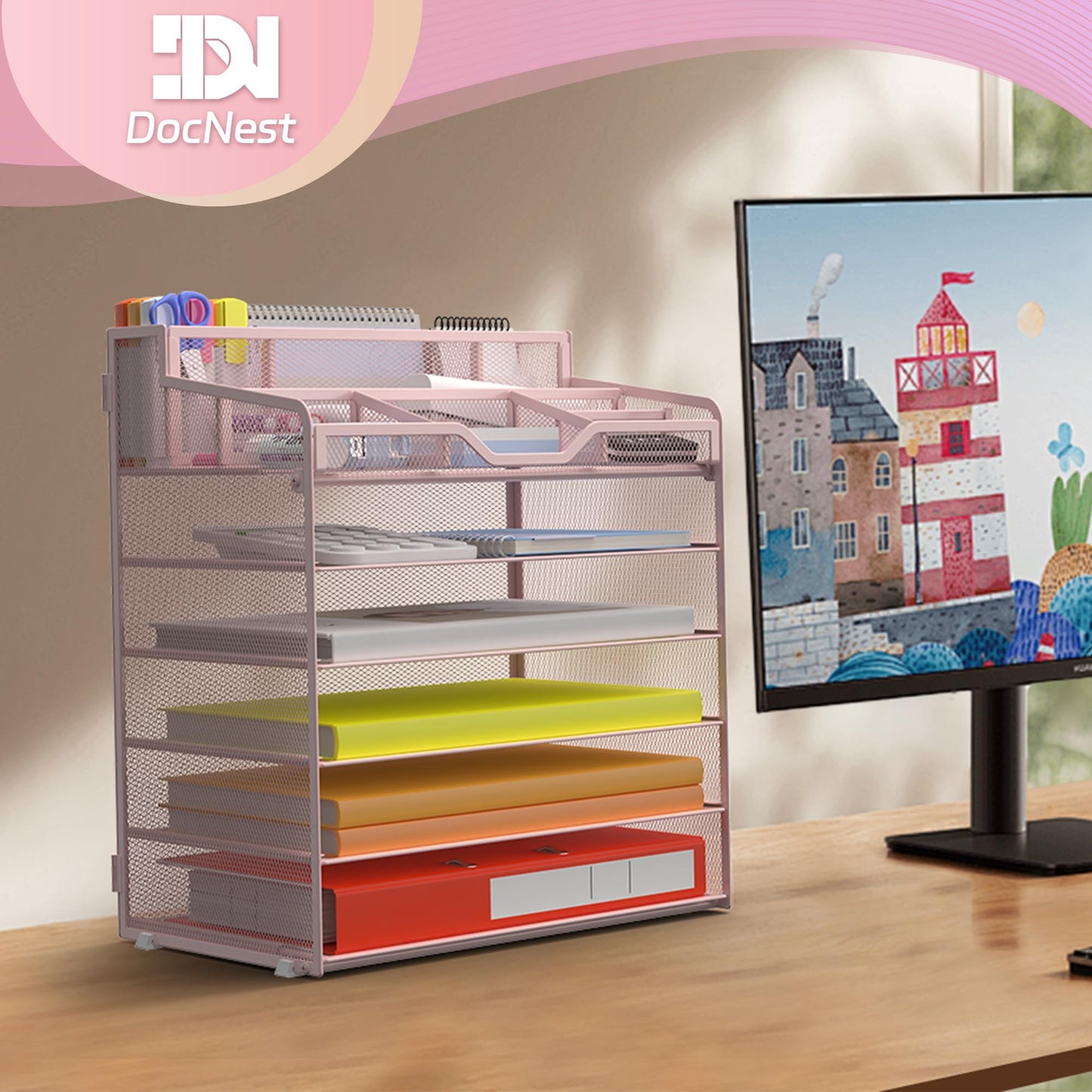 Docnest 6 Tier Mesh Desk Organizer for Paper Office Supplies – Multi-Functional Letter Tray with 5 Adjustable Compartments, 9 Pen Holders, Desktop Storage for Files, Mail, Stationery – Pink
