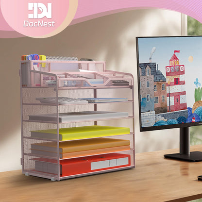 Docnest 6 Tier Mesh Desk Organizer for Paper Office Supplies – Multi-Functional Letter Tray with 5 Adjustable Compartments, 9 Pen Holders, Desktop Storage for Files, Mail, Stationery – Pink