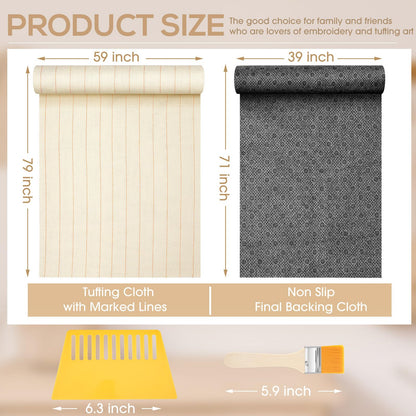 Tudomro 6 Pcs 79'' X 59" Large Tufting Cloth for Rugs and 71'' X 39" Non Slip Final Backing Tuft Fabric Monks Cloth for Tufting Needle DIY Rug Making, Contains Cleaning Brush and Glue Scraper