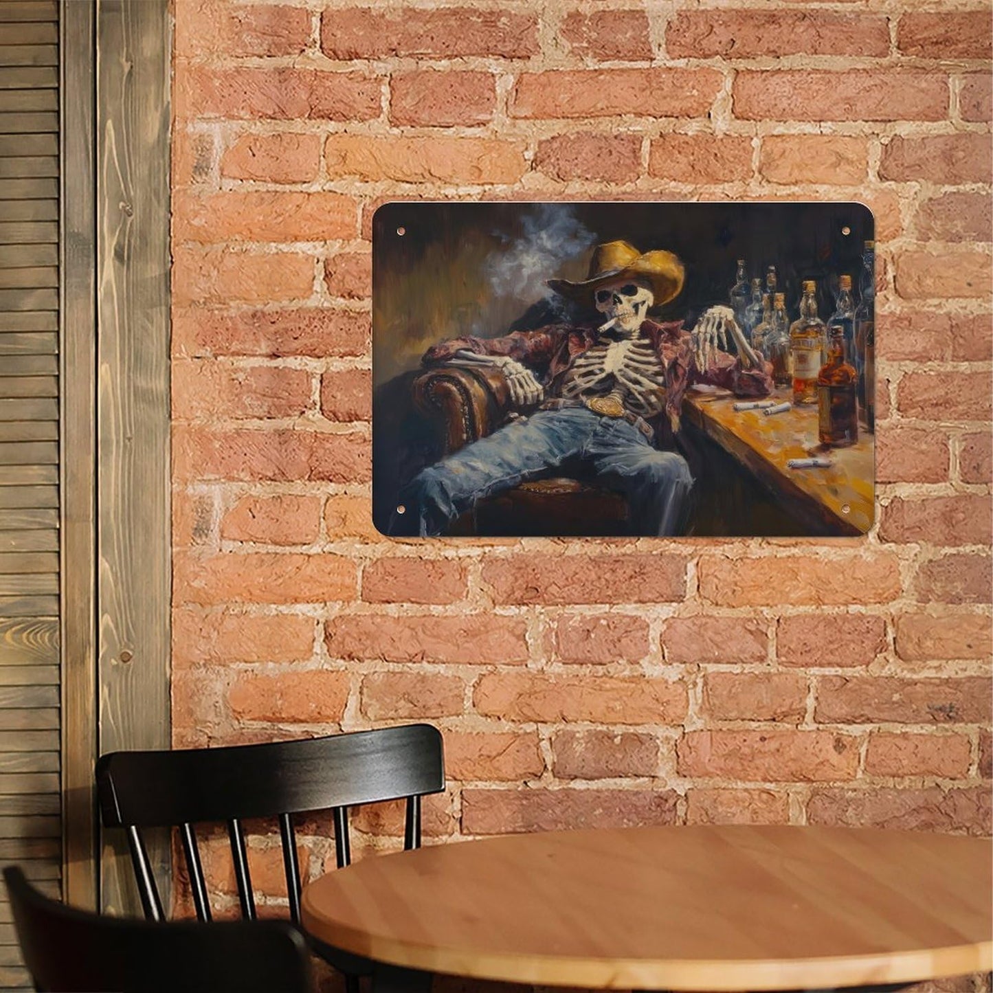Metal Sign Poster 8x12 Inch Wild West Skeleton Cowboy in A Bar Oil Painting Print Western Wall Art Road Trip Gift Southwestern Art Decor