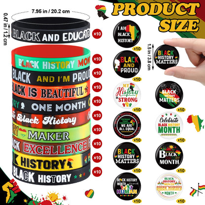 Remuuly 200 Pcs Black History Month Accessories Set Include 100 Silicone Bracelet 100 Inspirational Pin for African Afro American Festival Black American Celebration Accessories