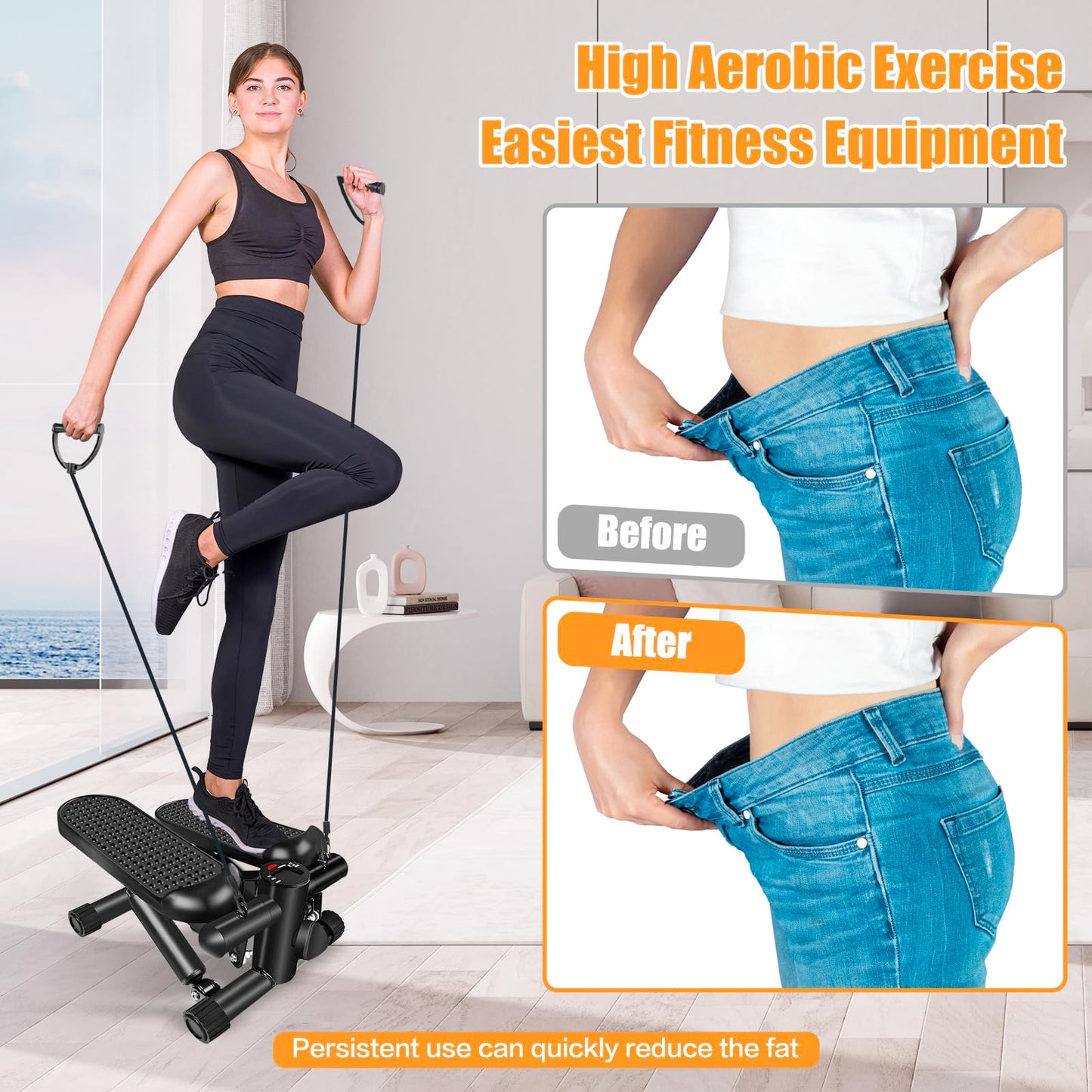Hydraulic Fitness Stepper with LCD Monitor - Mini Stepper with 300LBS Loading Capacity and Resistance Bands