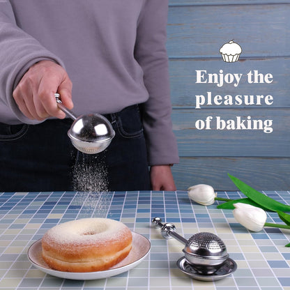 Sugar Shaker and Flour Sifter, 304 Stainless Steel Powdered Sugar Duster for Baking, Small Tray Included