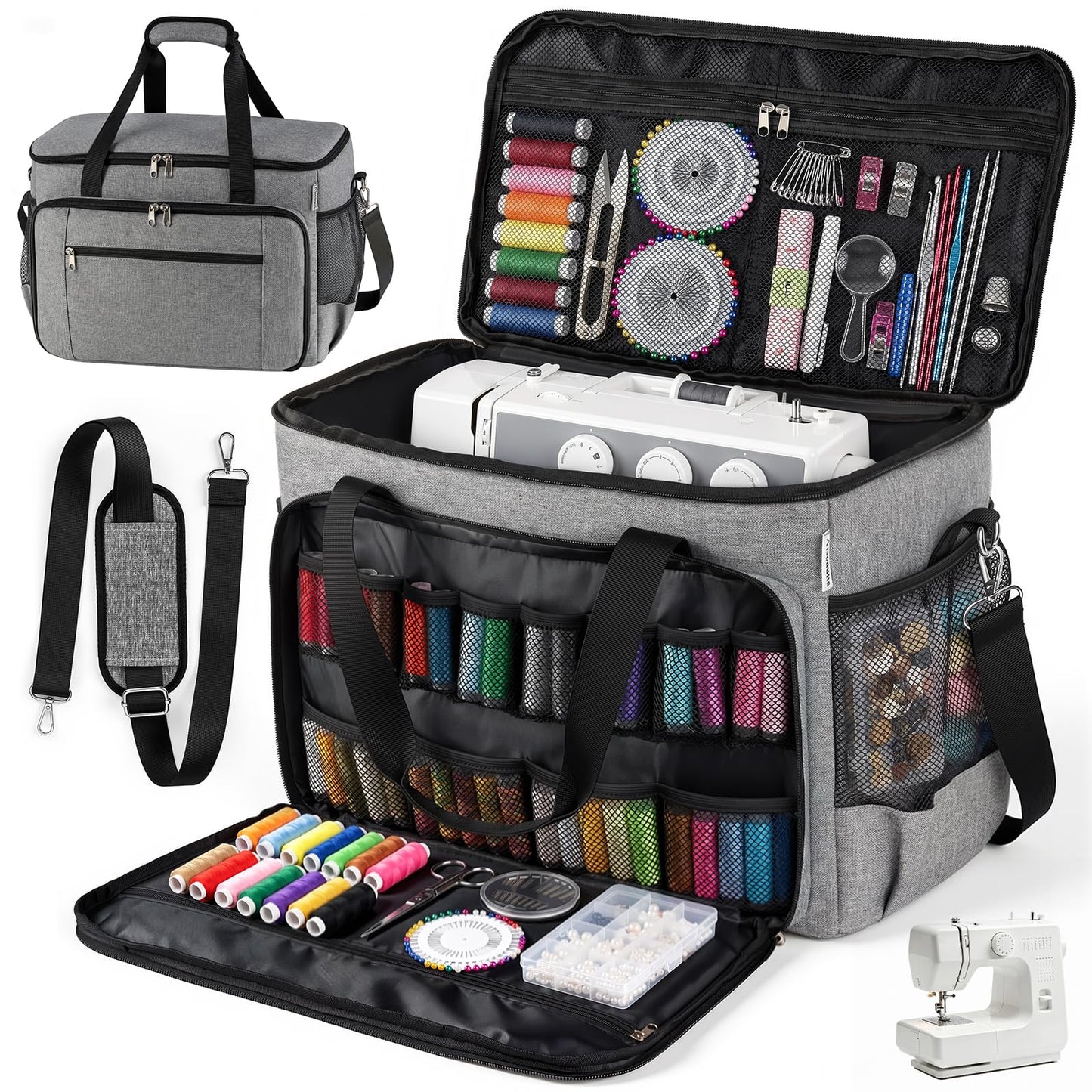 Aiseaulis Sewing Machine Carrying Case with Removable Padding Pad, Portable Sewing Machine Bag with Shoulder Strap for Most Standard Size Singer,Brother,Janome and Sewing Accessories, Grey