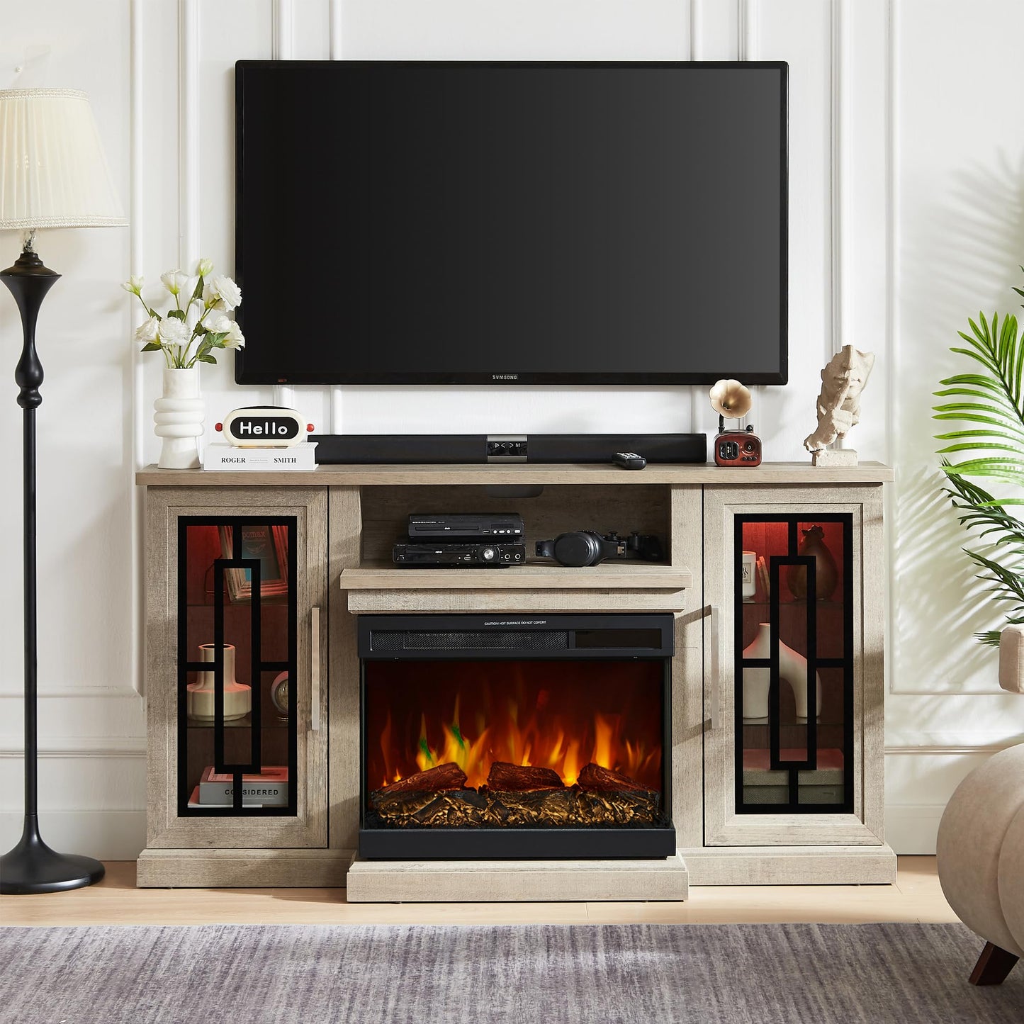 Unineo 59 Inch LED TV Stand with 3-Side Glass Fireplace, Modern Media Entertainment Center Console Table for TVs up to 65 Inch with Adjustable Color, 24’’ Fireplace, Highboy, Grey Wash