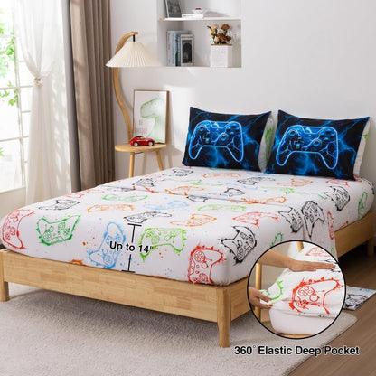Meeting Story Gamer Comforter Set for Boys, 3D Game Controller Design Boys Twin Bedding Sets, 5 Pieces Gaming Bed Set for All Seasons, Lightweight Soft Twin Comforter Set(Blue)
