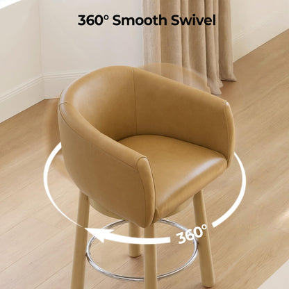 CHITA Genuine Leather Swivel Bar Stool, Modern Counter Height Bar Stools with Arms, Solid Wood Turned Legs, Upholstered Barstools for Kitchen Island, 26" Seat Height