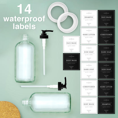 Vine Creations Clear Glass Soap Dispenser, 2 Pack Kitchen Soap Dispenser Set with Rustproof Pump, 16 oz Dish Soap and Hand Soap Dispensers for Bathroom with Waterproof Labels