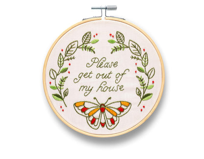 FUNATIC Please Get Out of My House Embroidery Kit | Funny Beginner Needle Work Starter Set for Adult | Needlepoint DIY Art and Craft | Cross Stitch Set with Hoop Floss Needles Threader Printed Fabric