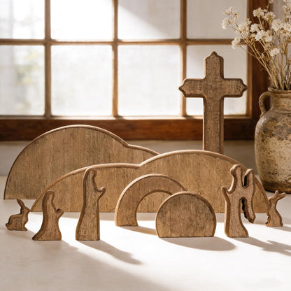 TW SHINE Wooden Easter Scene Decoration - Empty Tomb & Cross Tray Set for Home & Office