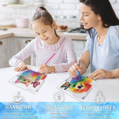 geesfayan 4 Pack Diamond Art Kit for Kids 6 Inch DIY Animal Gem Art with 4 Tools Sets, Gem Painting for Beginners, Creative Craft Gift for Teens & Kids（cat Dog）