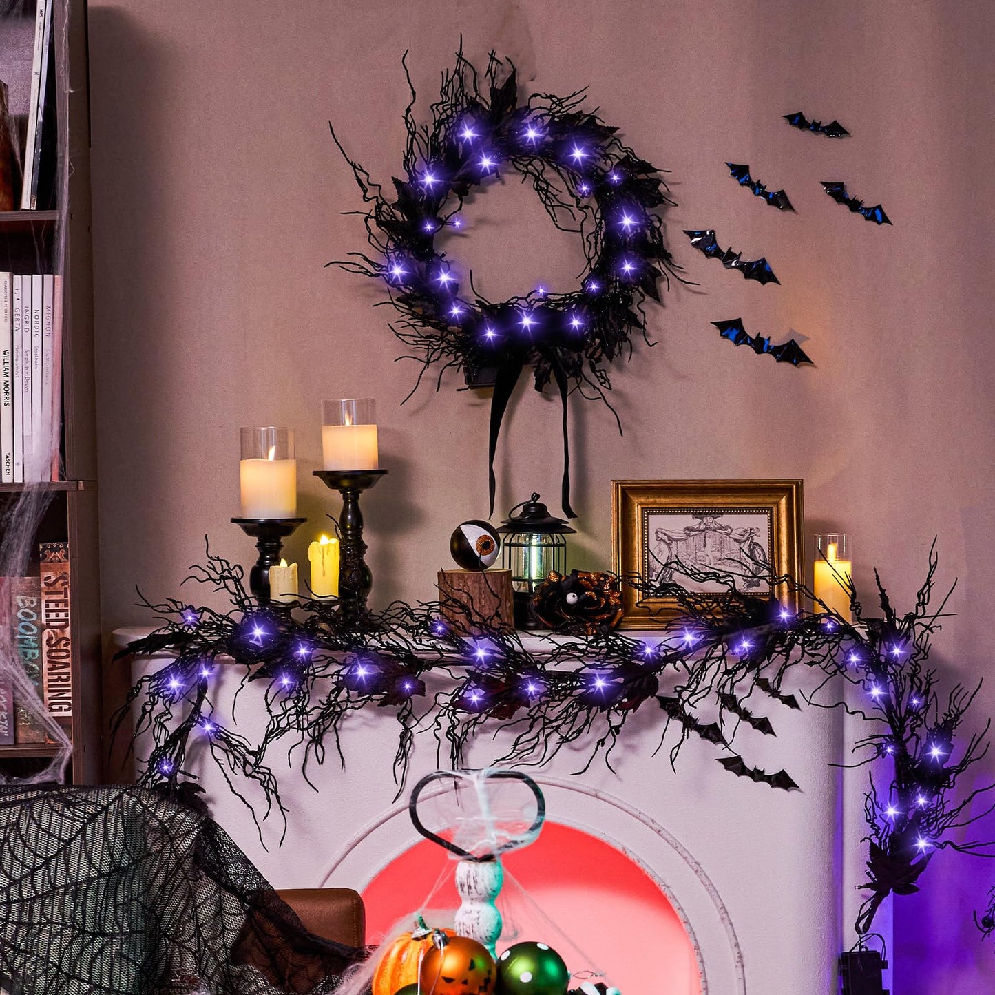 JORNOY 16inch LED Halloween Wreath with Battery Timer - Black Artificial Leaves&Silk Ribbon Decor Hanging for Front Door, Mantel, Porch, Wall, Party Decorations