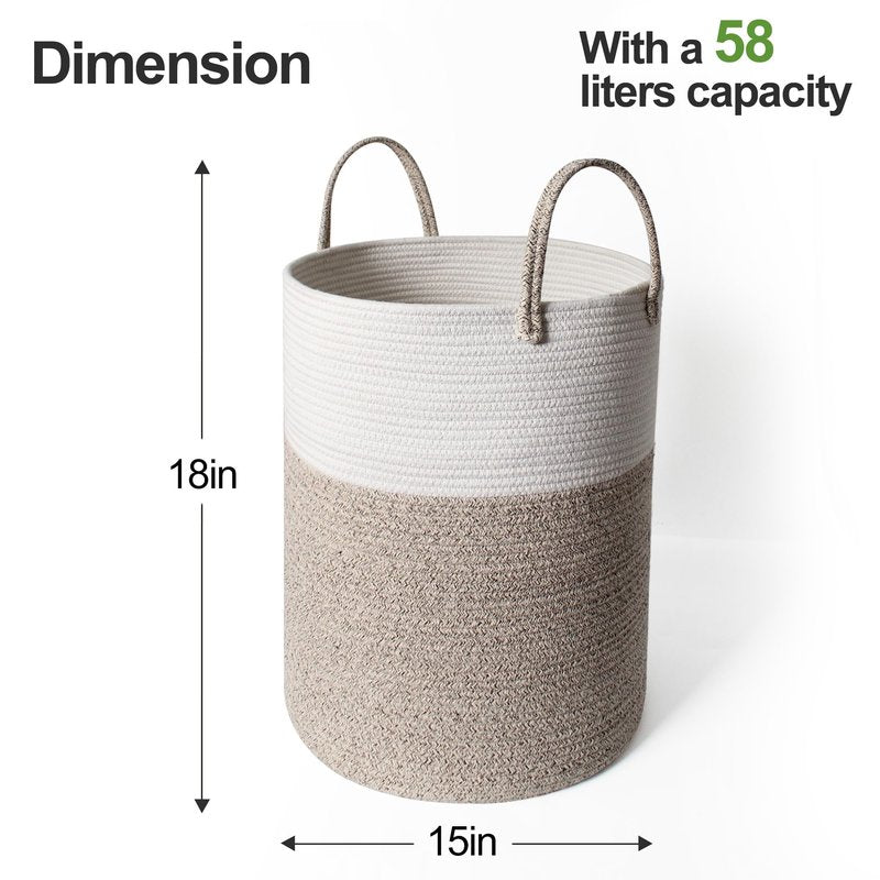 WILLITAT Large Woven Laundry Basket, 15”x18” Tall Blanket Basket Living Room, Cotton Rope Hamper for Bedroom Aesthetic, Baby Nursery, Wicker Hamper for Dirty Clothes, Kids Toy Laundry Storage Bin