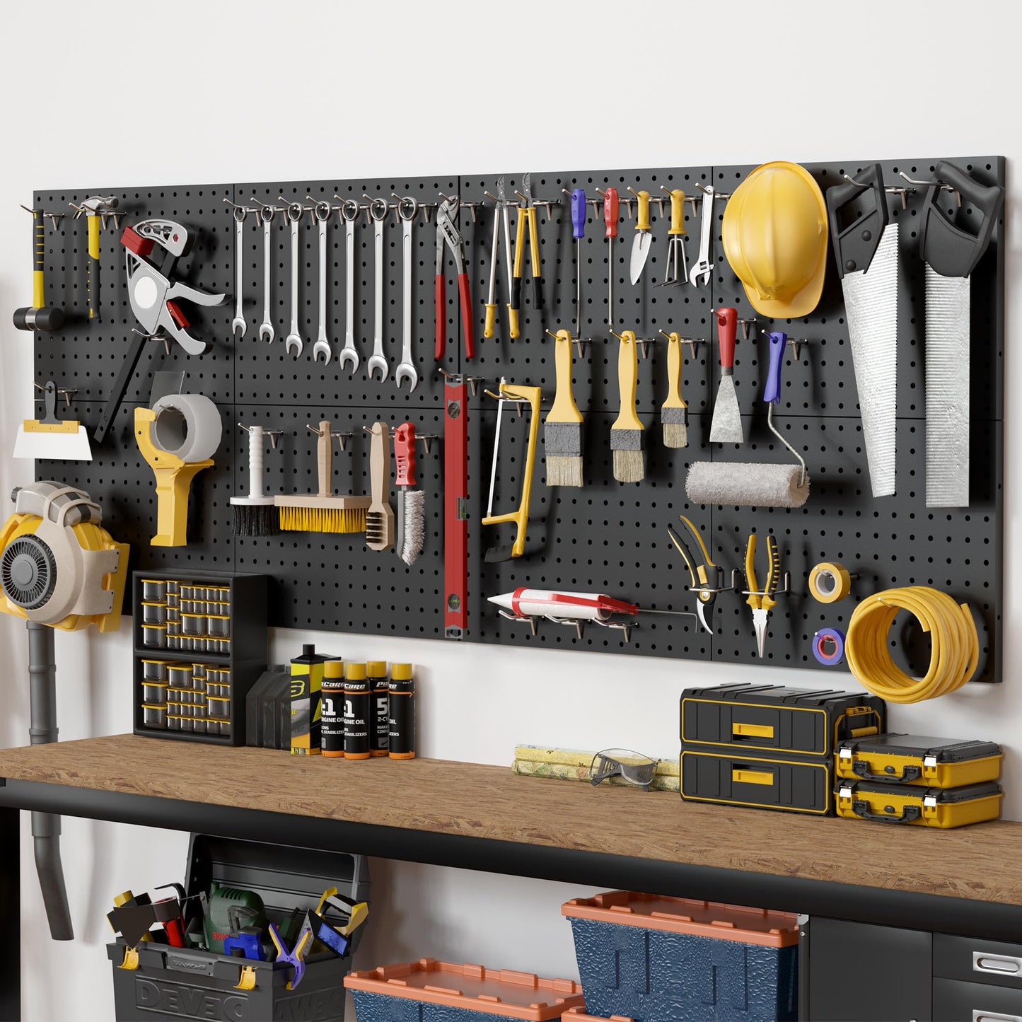7S garage Peg Board 8 Pack Metal Pegboard Panels with 50 Hooks, Heavy Duty Pegboard Wall Organizer, Black Pegboards for Workbench, Garage Tool Storage, Office Organization, Kitchen, Craft Room