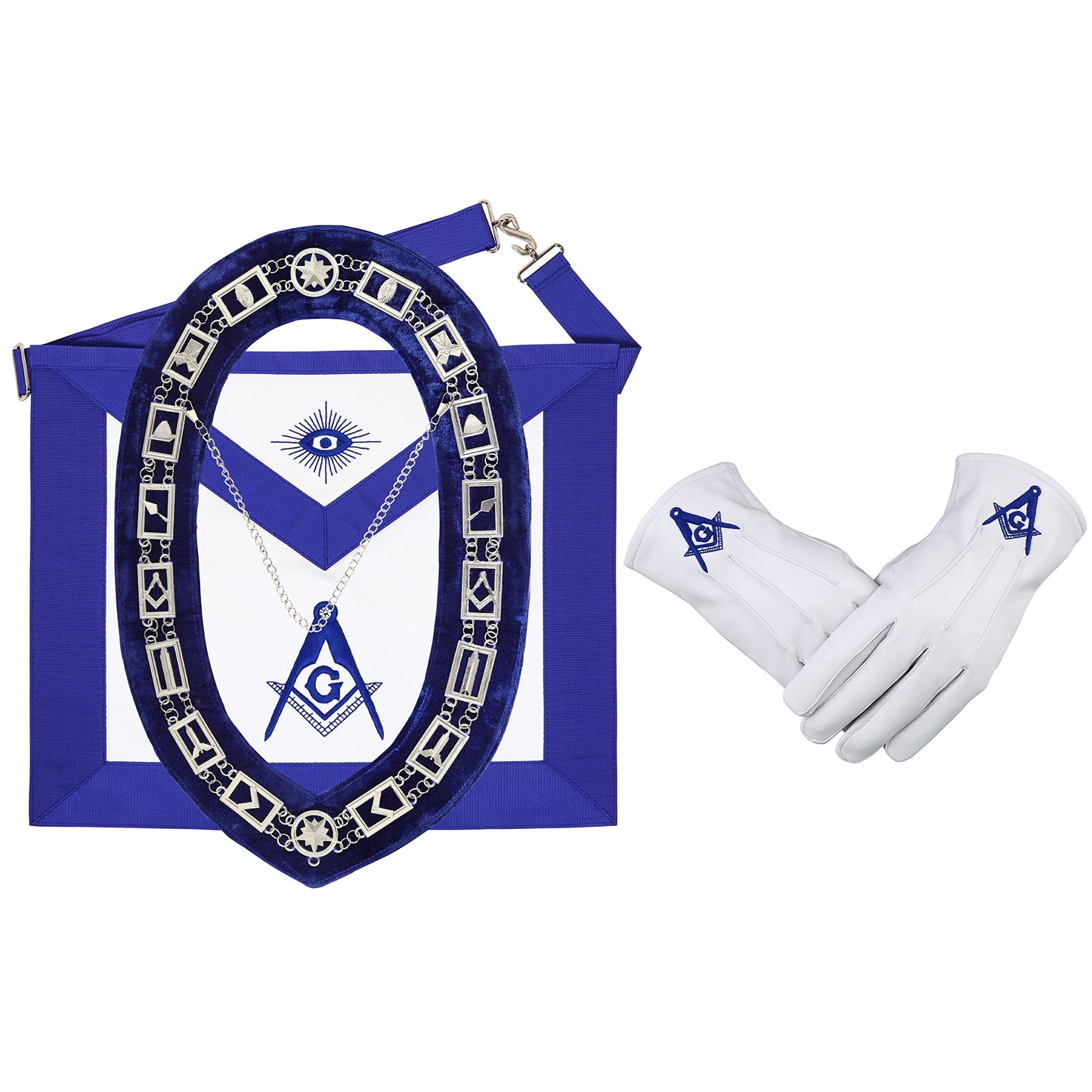 MASONIC BLUE LODGE MASTER MASON 100% LAMBSKIN APRON & WORKING TOOLS CHAIN COLLAR WITH MASTER MASON BLUE LODGE 100% LAMBSKIN GLOVE- HAND MADE