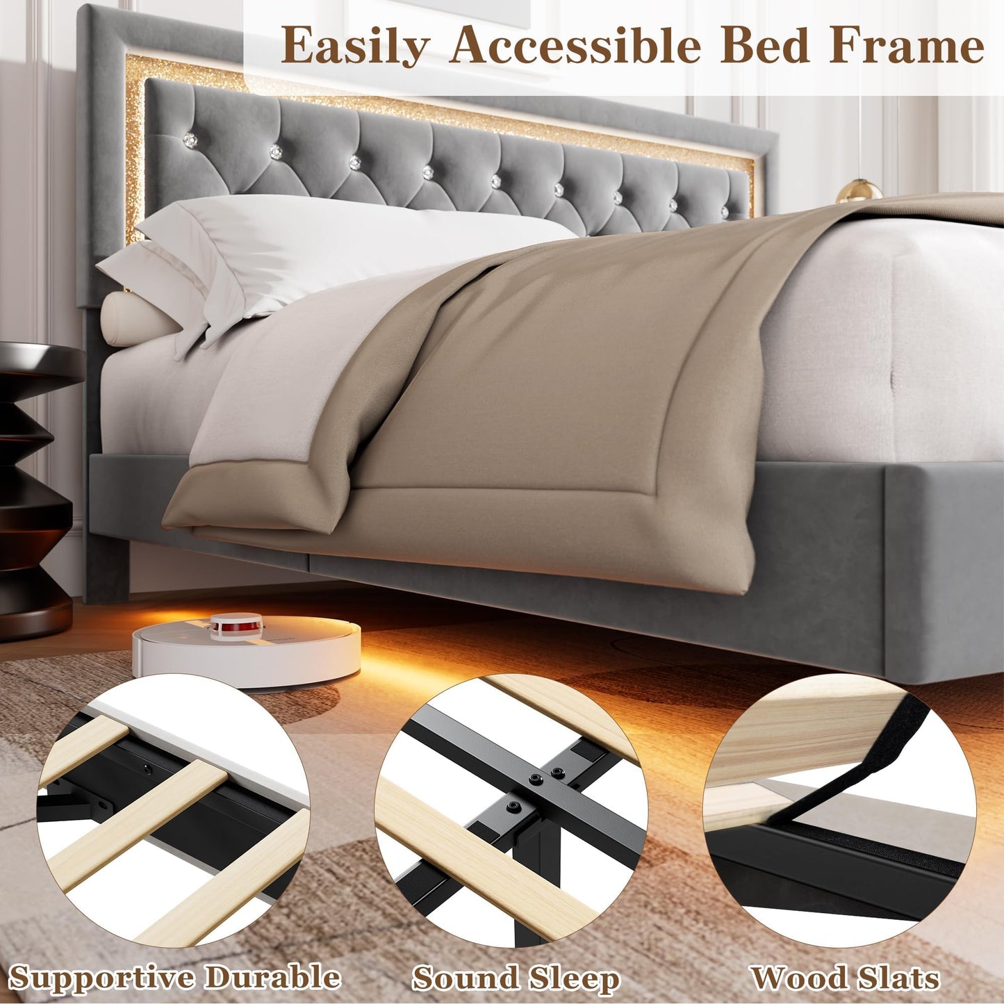 Floating Queen Platform Bed Frame with Smart LED Lights – Modern Diamond Upholstered Headboard, Noise-Free Wood Slats, Under-Bed Storage, Easy Assembly, Contemporary Bedroom Furniture, King Gray