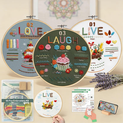 CLRDIVA Embroidery Starter Kit for Beginners: Easy DIY Needlepoint Set with Phone Stand for Step-by-Step Video Tutorials - Stress Free to Learn 29 Basic Stitches - Relaxing Crafts for Adults