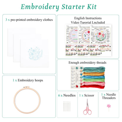 Harimau Bead Embroidery Starter Kit for Beginners (3 Sets) – Basic Flower Stitches, Includes Embroidery Hoop, Diagrams & Step-by-Step Video Tutorials – Gift for Craft Lovers